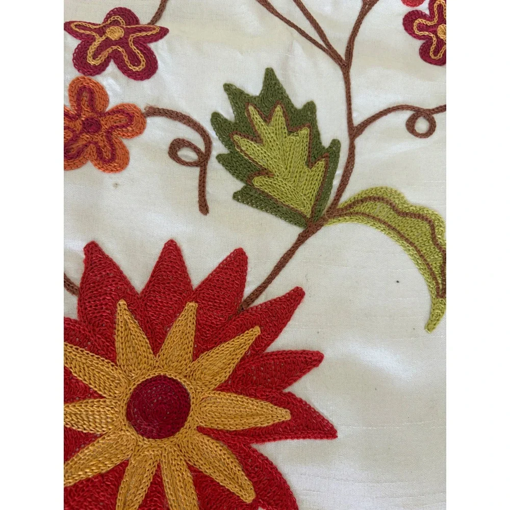Floral Embroidered Table Runner Ivory Red Orange Boho Chain Stitch 13.5